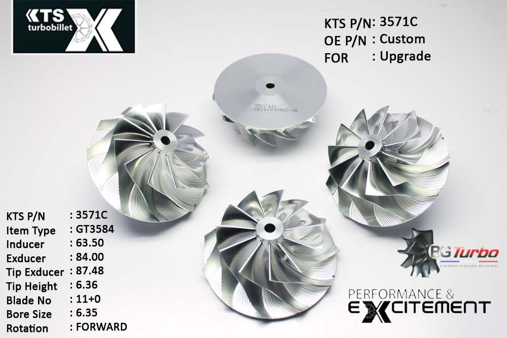 Turbo ROUE FORGÉE MFS PERFORMANCE - 11+0 PALES - INDUCER : 63,5 - EXDUCER : 84 - TYPE : GT3584ANGLE : 60° - ROTATION : Forward - SUPER BACK : 2,3497 - BORE SIZE : 6,35
